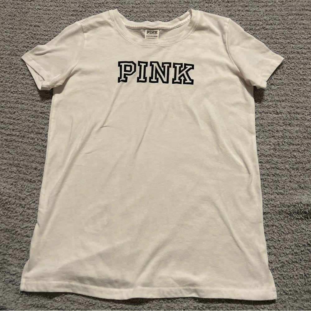 PINK VS Logo Long Sleeve T-Shirt White Black Lettering‎ Classic Fit Size XS